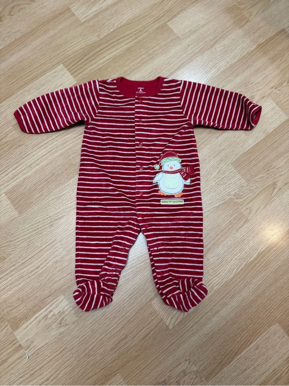 Carter’s Baby 6M Red Stripe Baby’s 1st Christmas Penguin Footed Sleeper Pajamas
